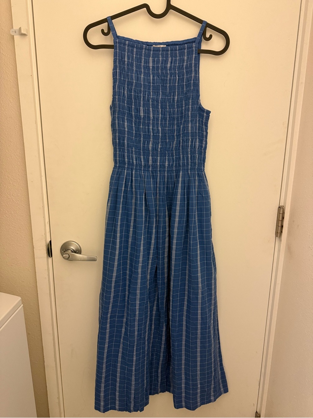 Madewell Blue Check Smocked Midi Dress